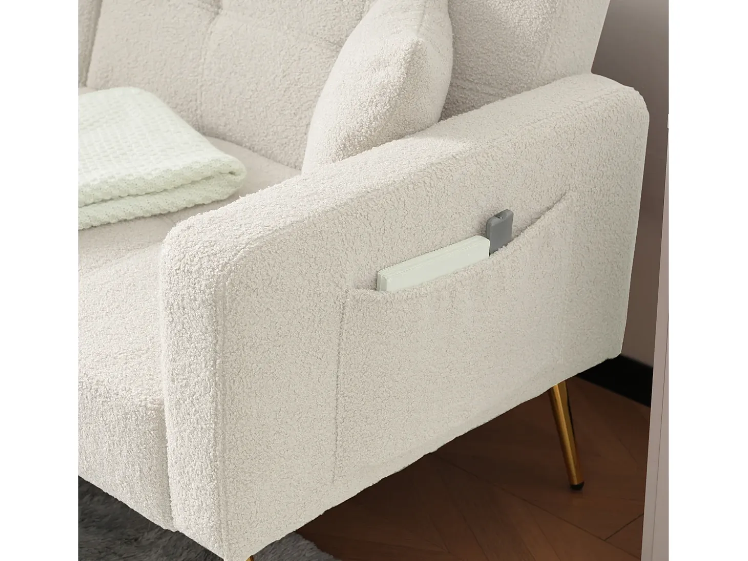 Sofá cama recto de 2 plazas en sherpa blanca, respaldo abatible en 3 posiciones - 175x64x72cm
