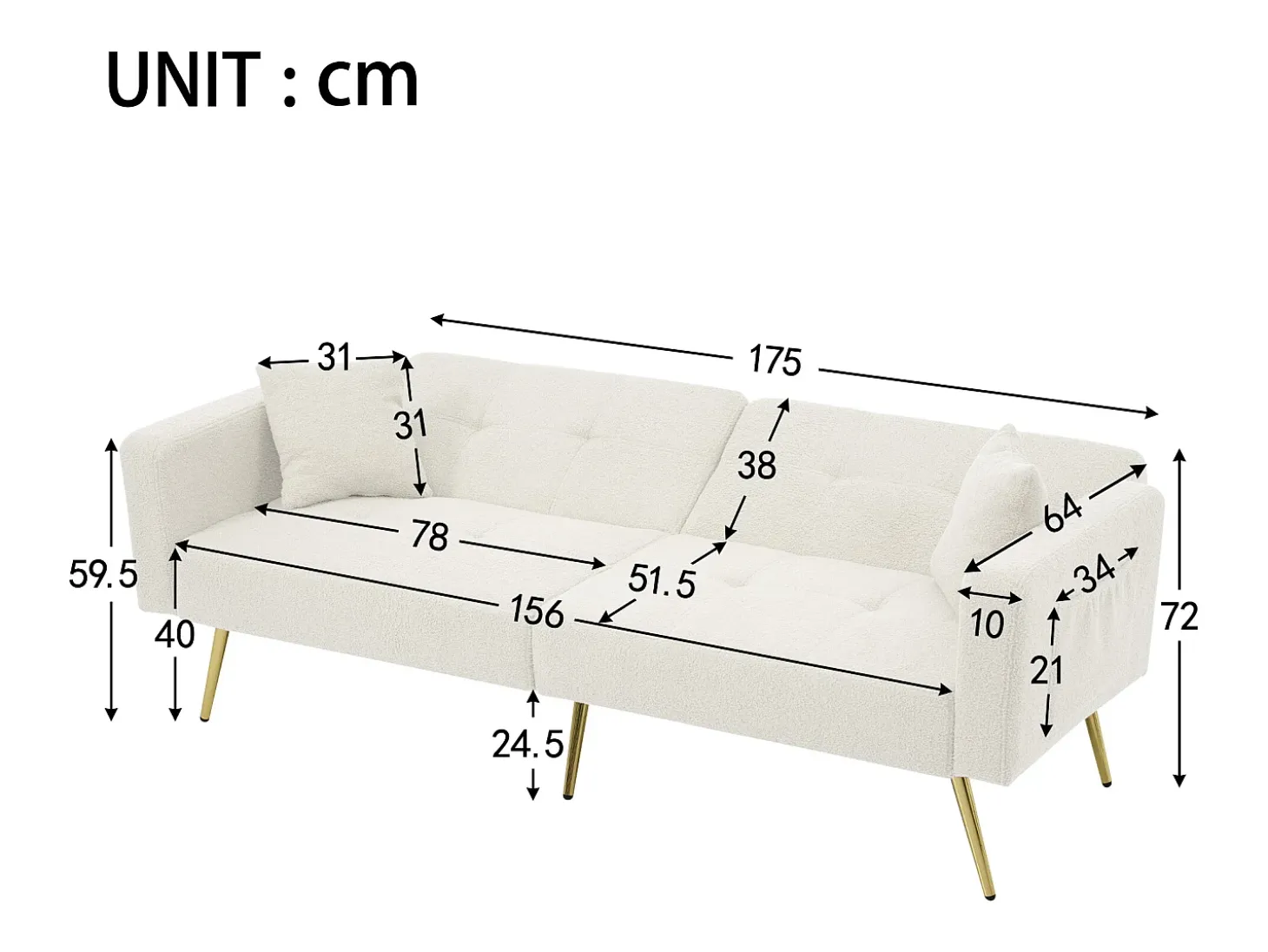 Sofá cama recto de 2 plazas en sherpa blanca, respaldo abatible en 3 posiciones - 175x64x72cm