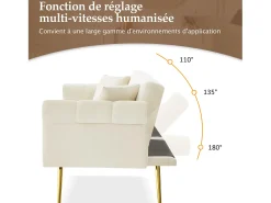 Sofá cama recto de 2 plazas en terciopelo beige, respaldo abatible en 3 posiciones - 173x75x70cm