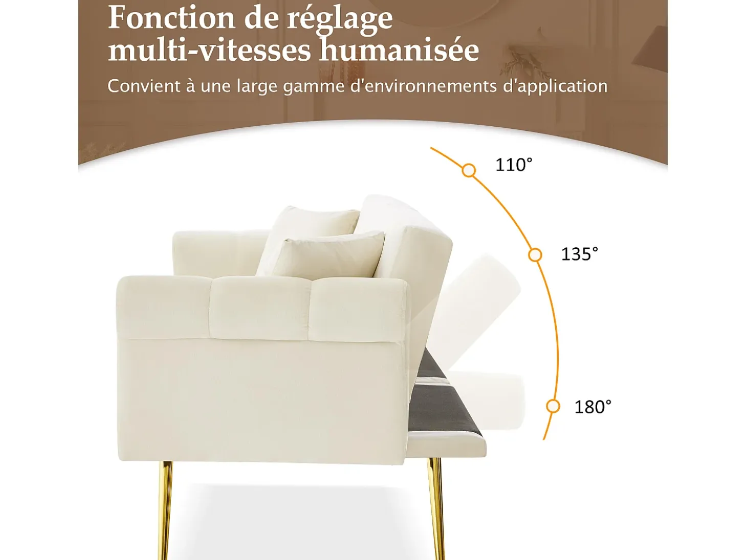 Sofá cama recto de 2 plazas en terciopelo beige, respaldo abatible en 3 posiciones - 173x75x70cm