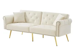 Sofá cama recto de 2 plazas en terciopelo beige, respaldo abatible en 3 posiciones - 173x75x70cm