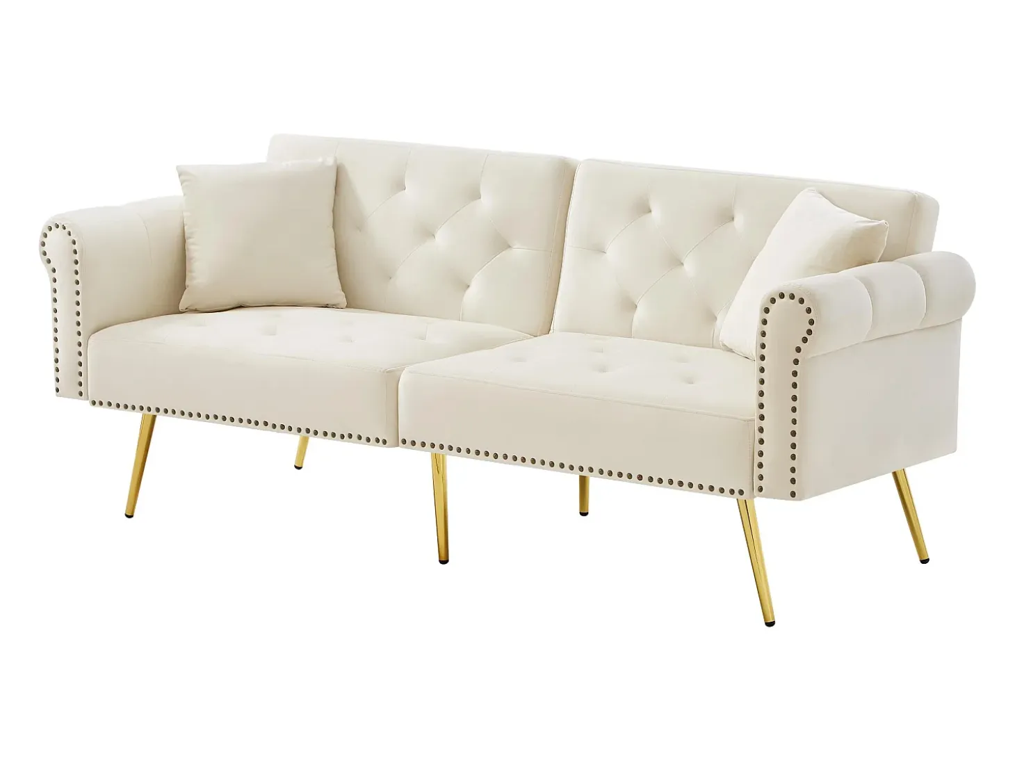 Sofá cama recto de 2 plazas en terciopelo beige, respaldo abatible en 3 posiciones - 173x75x70cm