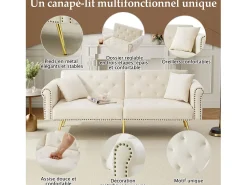 Sofá cama recto de 2 plazas en terciopelo beige, respaldo abatible en 3 posiciones - 173x75x70cm