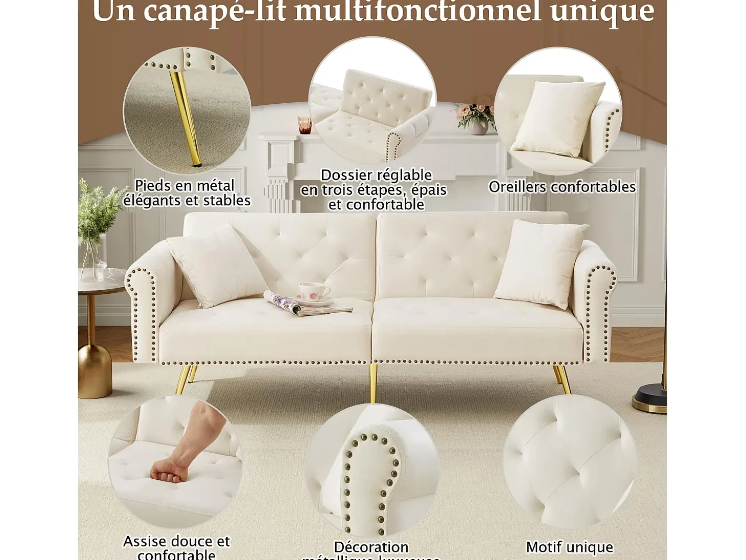 Sofá cama recto de 2 plazas en terciopelo beige, respaldo abatible en 3 posiciones - 173x75x70cm