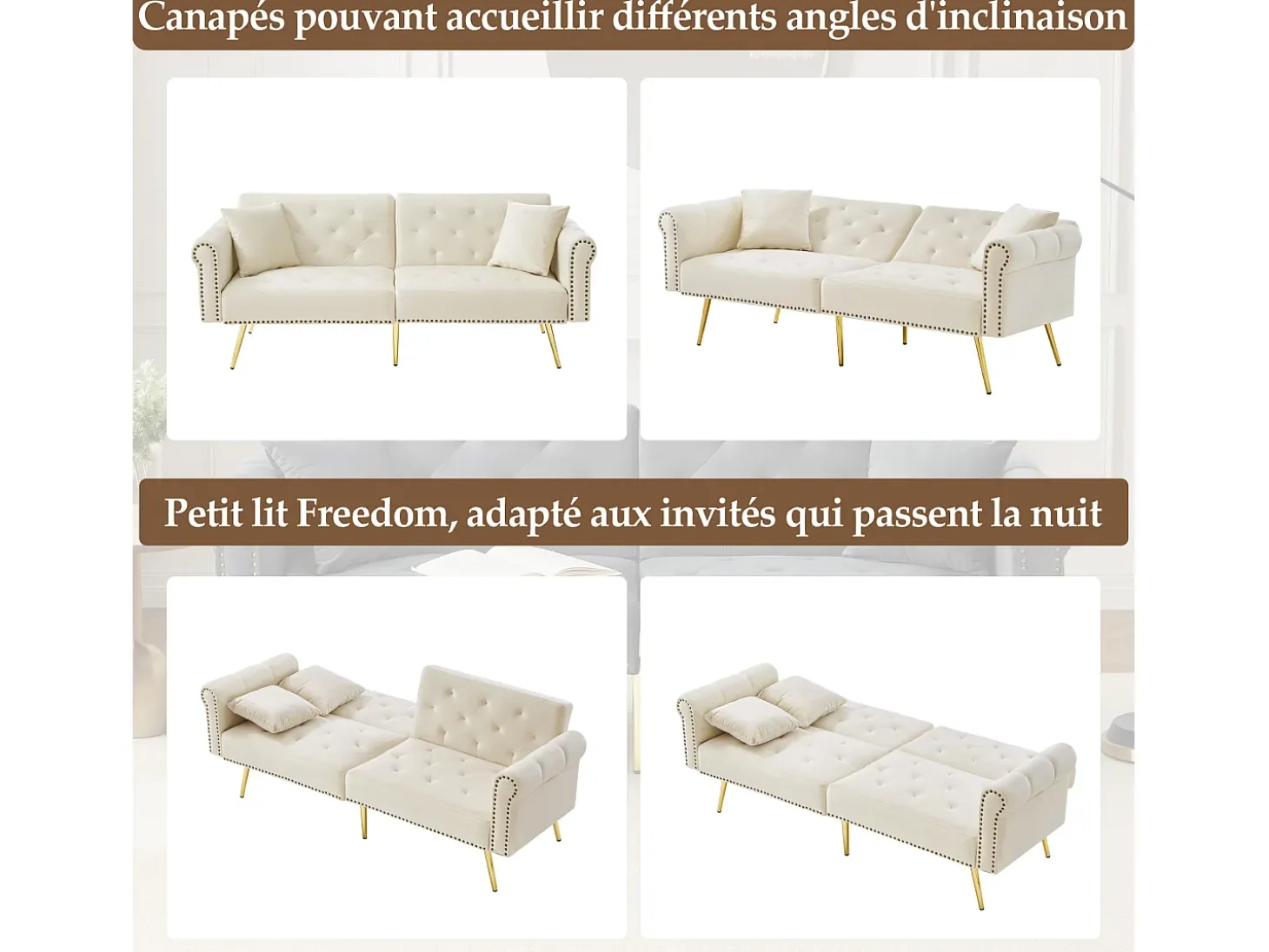 Sofá cama recto de 2 plazas en terciopelo beige, respaldo abatible en 3 posiciones - 173x75x70cm