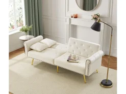 Sofá cama recto de 2 plazas en terciopelo beige, respaldo abatible en 3 posiciones - 173x75x70cm