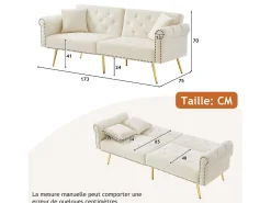 Sofá cama recto de 2 plazas en terciopelo beige, respaldo abatible en 3 posiciones - 173x75x70cm