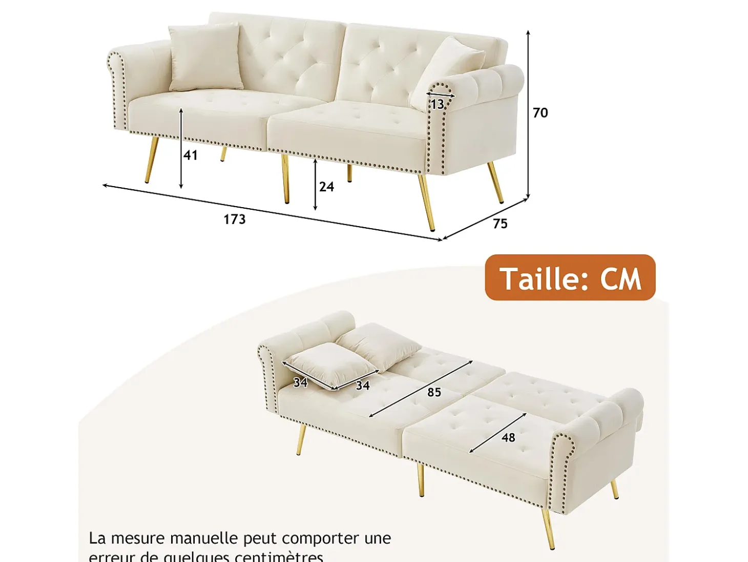 Sofá cama recto de 2 plazas en terciopelo beige, respaldo abatible en 3 posiciones - 173x75x70cm