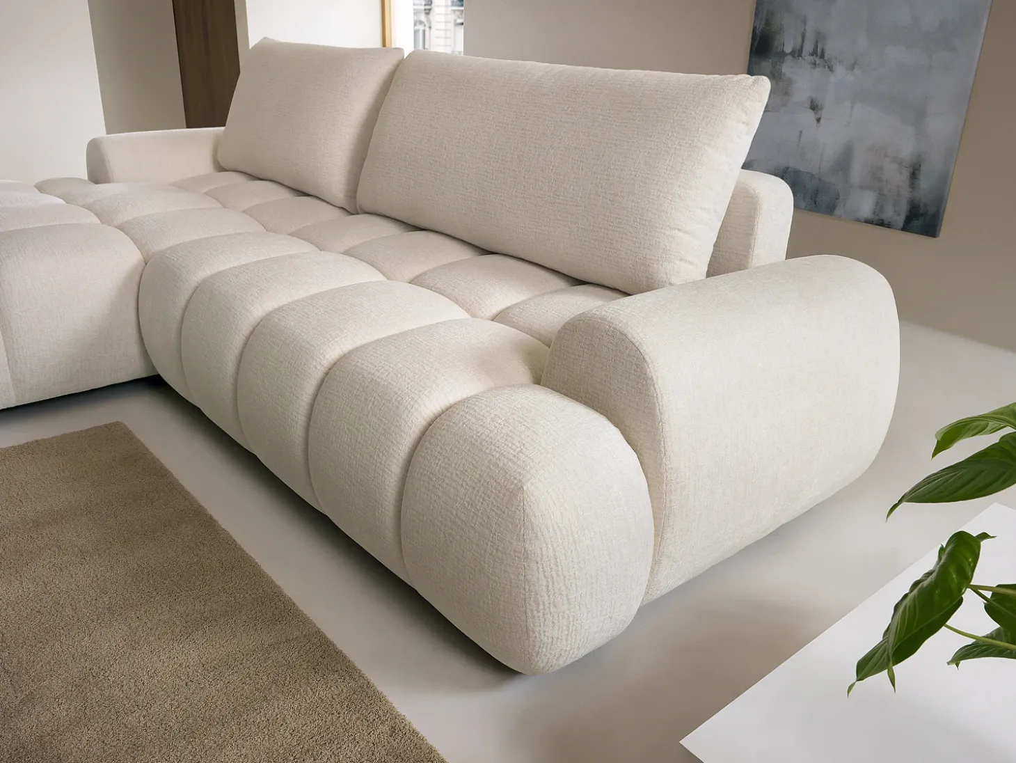 Sofá cama rinconera izquierda en chenilla beige FARNETA