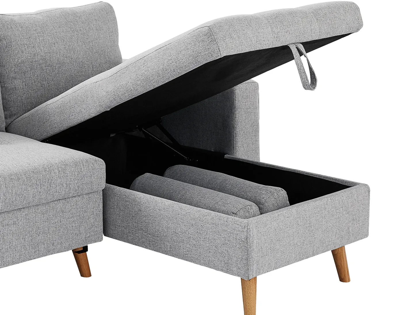 Sofá cama rinconera reversible de tela gris claro con arcón KORI