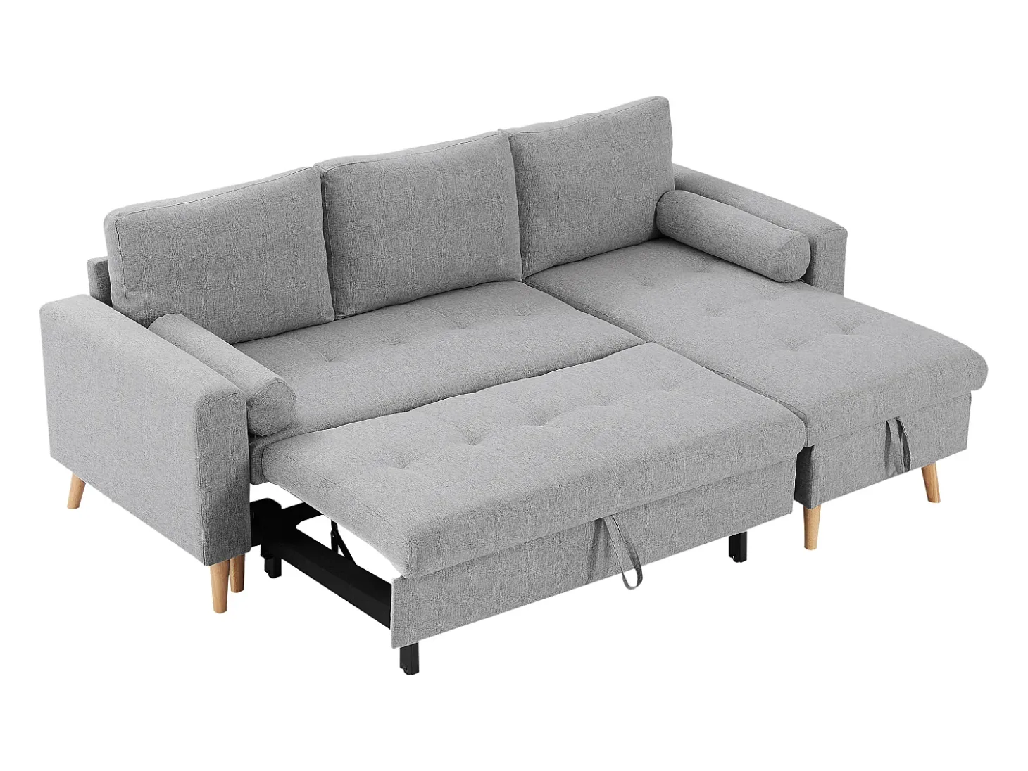 Sofá cama rinconera reversible de tela gris claro con arcón KORI
