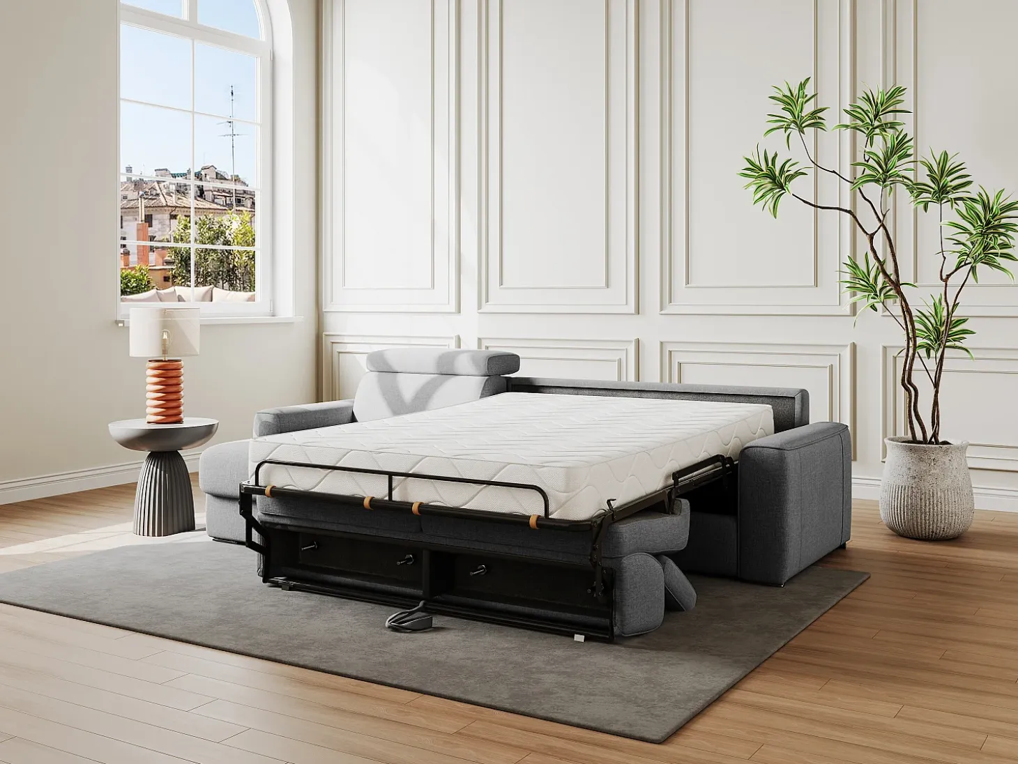 Sofá cama rinconera reversible con apertura italiana de tela beige Hasta 140cm de capacidad para dormir grosor 22 cm VIZIR