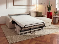 Sofá cama rinconera tipo italiano de pana beige - Colchón de láminas de 160 cm VIZIR