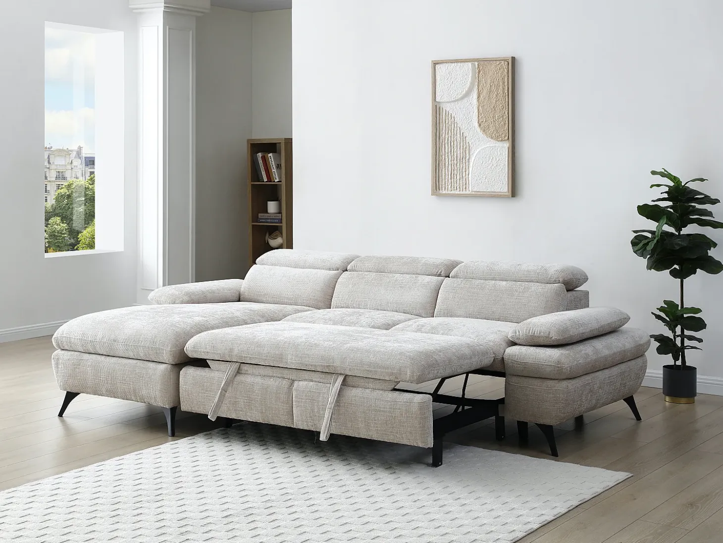 Sofá chaise longue izquierda en tela texturizada con almacenamiento beige MORAVA