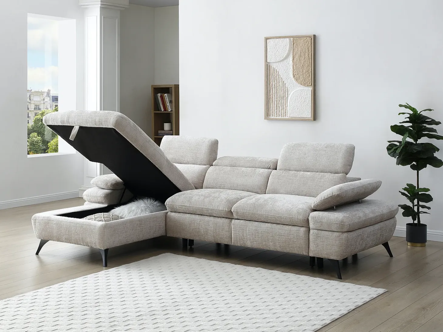 Sofá chaise longue izquierda en tela texturizada con almacenamiento beige MORAVA