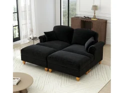 Sofá chesterfield 2 plazas en felpa negro - con 2 otomanas y 2 cojines - falda desmontable - 194x140x93cm