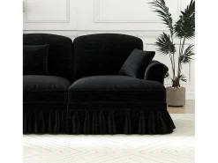Sofá chesterfield 2 plazas en felpa negro - con 2 otomanas y 2 cojines - falda desmontable - 194x140x93cm