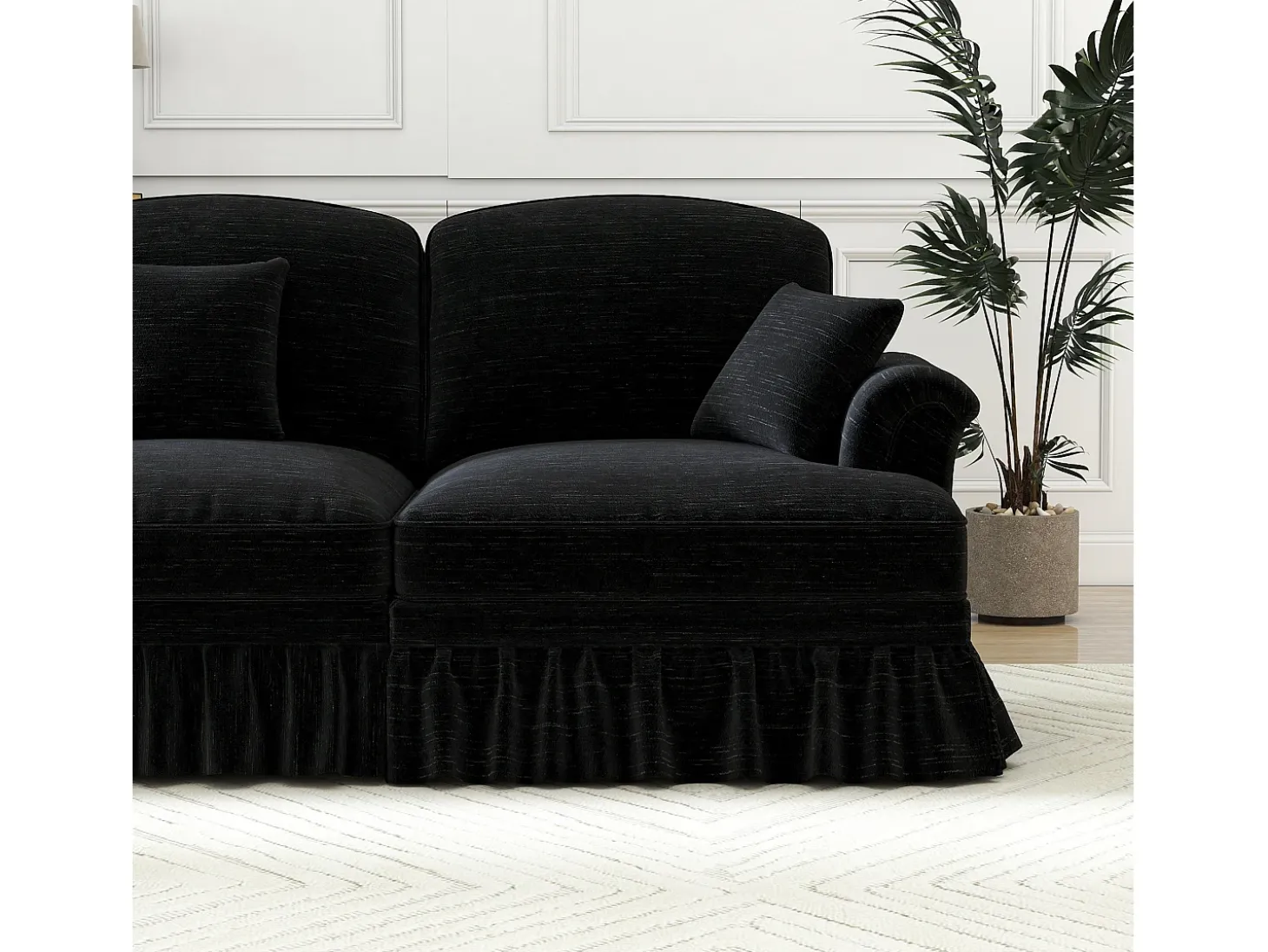 Sofá chesterfield 2 plazas en felpa negro - con 2 otomanas y 2 cojines - falda desmontable - 194x140x93cm