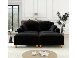 Sofá chesterfield 2 plazas en felpa negro - con 2 otomanas y 2 cojines - falda desmontable - 194x140x93cm
