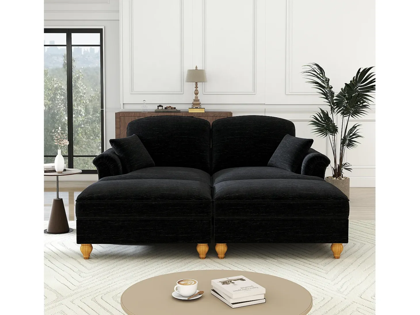 Sofá chesterfield 2 plazas en felpa negro - con 2 otomanas y 2 cojines - falda desmontable - 194x140x93cm