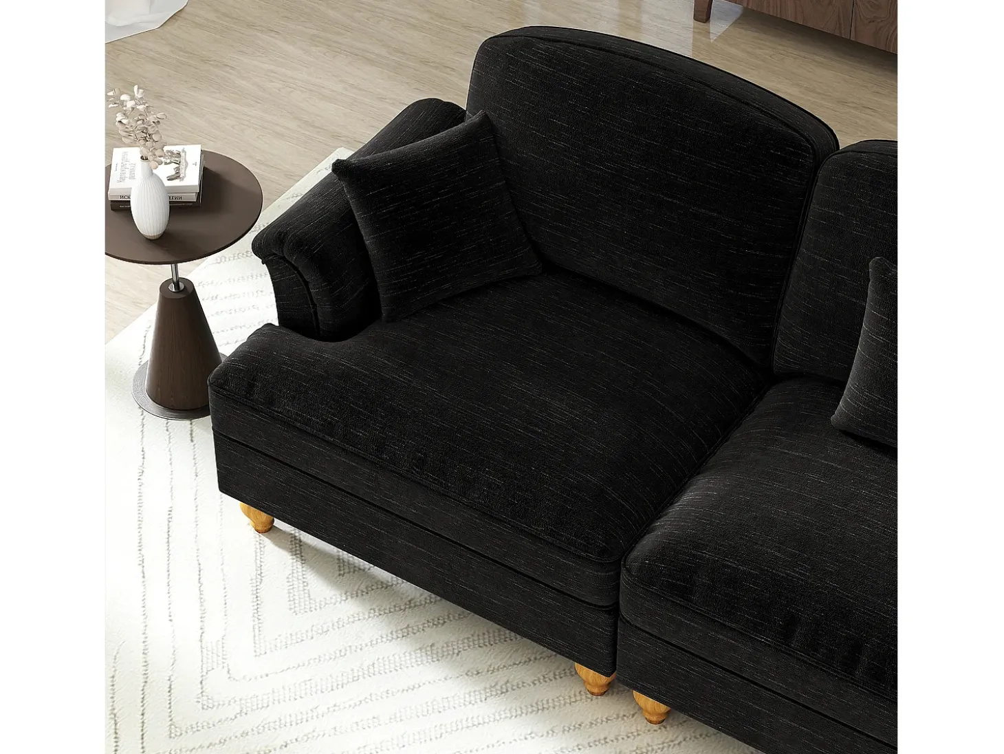 Sofá chesterfield 2 plazas en felpa negro - con 2 otomanas y 2 cojines - falda desmontable - 194x140x93cm
