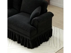 Sofá chesterfield 2 plazas en felpa negro - con 2 otomanas y 2 cojines - falda desmontable - 194x140x93cm