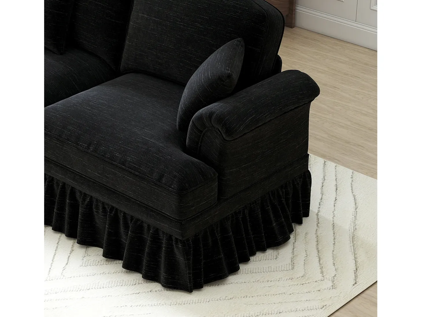 Sofá chesterfield 2 plazas en felpa negro - con 2 otomanas y 2 cojines - falda desmontable - 194x140x93cm