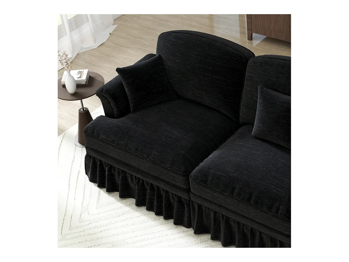 Sofá chesterfield 2 plazas en felpa negro - con 2 otomanas y 2 cojines - falda desmontable - 194x140x93cm