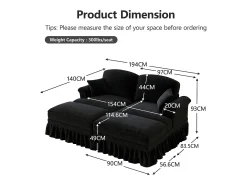 Sofá chesterfield 2 plazas en felpa negro - con 2 otomanas y 2 cojines - falda desmontable - 194x140x93cm
