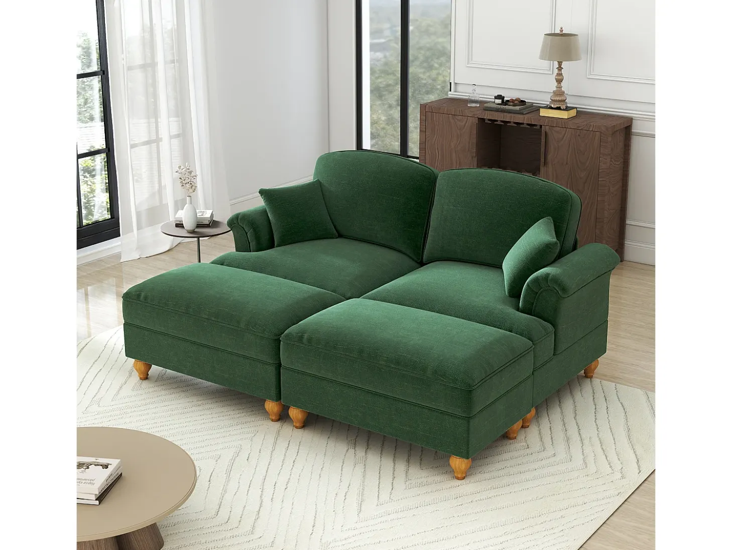 Sofá chesterfield 2 plazas en felpa verde - con 2 otomanas y 2 cojines - falda desmontable - 194x140x93cm