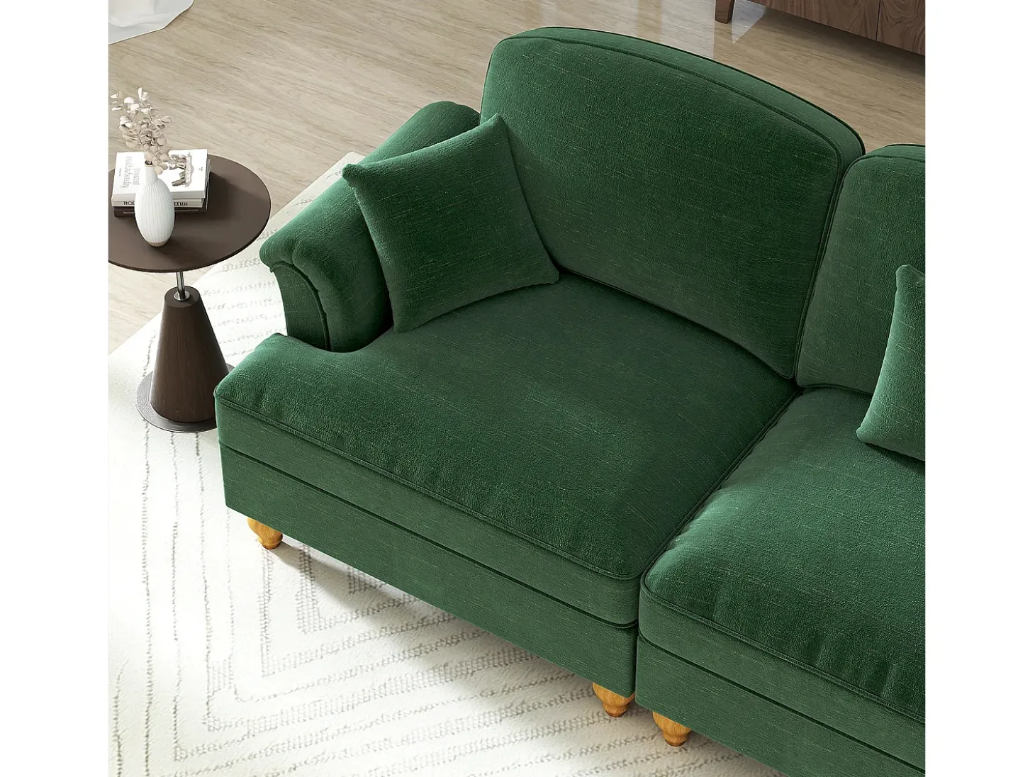 Sofá chesterfield 2 plazas en felpa verde - con 2 otomanas y 2 cojines - falda desmontable - 194x140x93cm