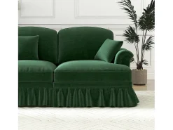 Sofá chesterfield 2 plazas en felpa verde - con 2 otomanas y 2 cojines - falda desmontable - 194x140x93cm