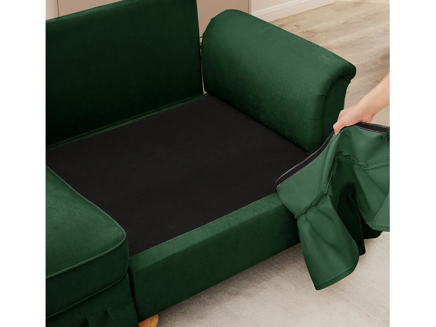 Sofá chesterfield 2 plazas en felpa verde - con 2 otomanas y 2 cojines - falda desmontable - 194x140x93cm