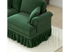 Sofá chesterfield 2 plazas en felpa verde - con 2 otomanas y 2 cojines - falda desmontable - 194x140x93cm