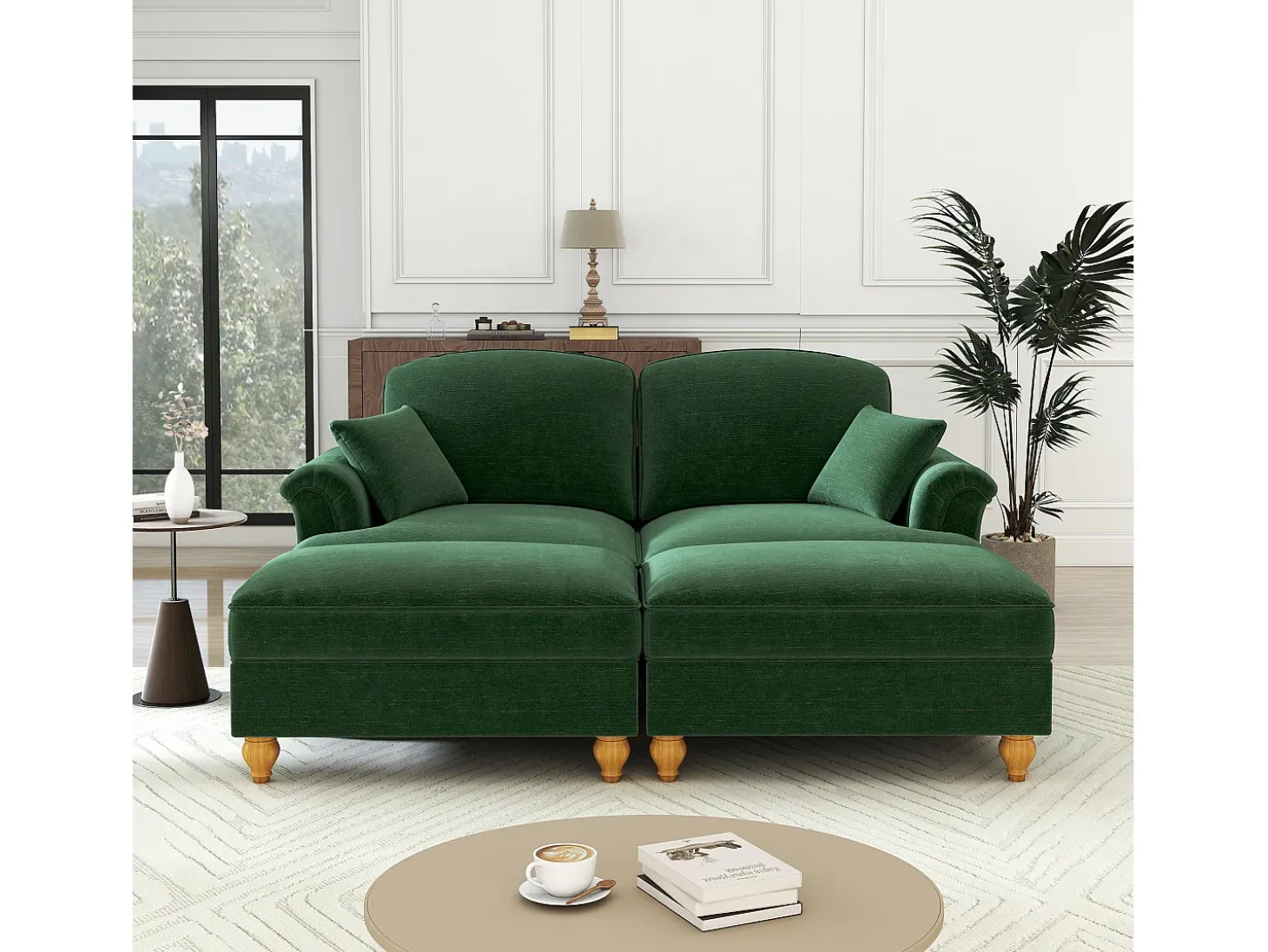Sofá chesterfield 2 plazas en felpa verde - con 2 otomanas y 2 cojines - falda desmontable - 194x140x93cm