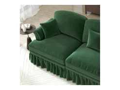 Sofá chesterfield 2 plazas en felpa verde - con 2 otomanas y 2 cojines - falda desmontable - 194x140x93cm