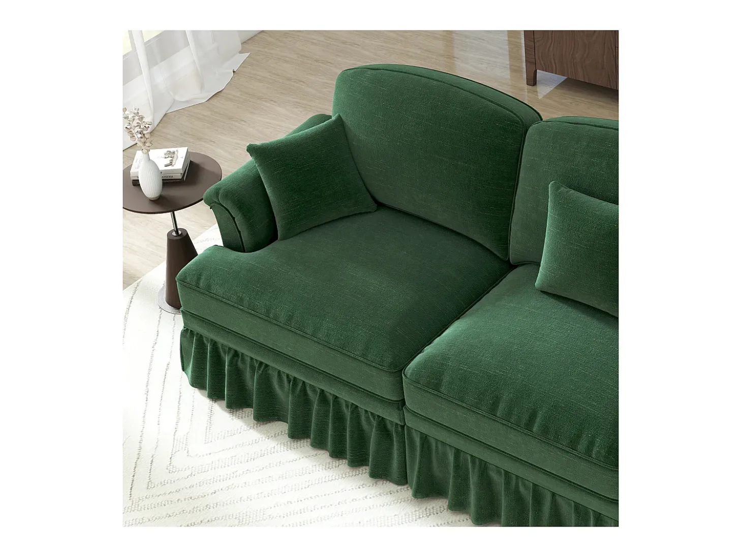 Sofá chesterfield 2 plazas en felpa verde - con 2 otomanas y 2 cojines - falda desmontable - 194x140x93cm