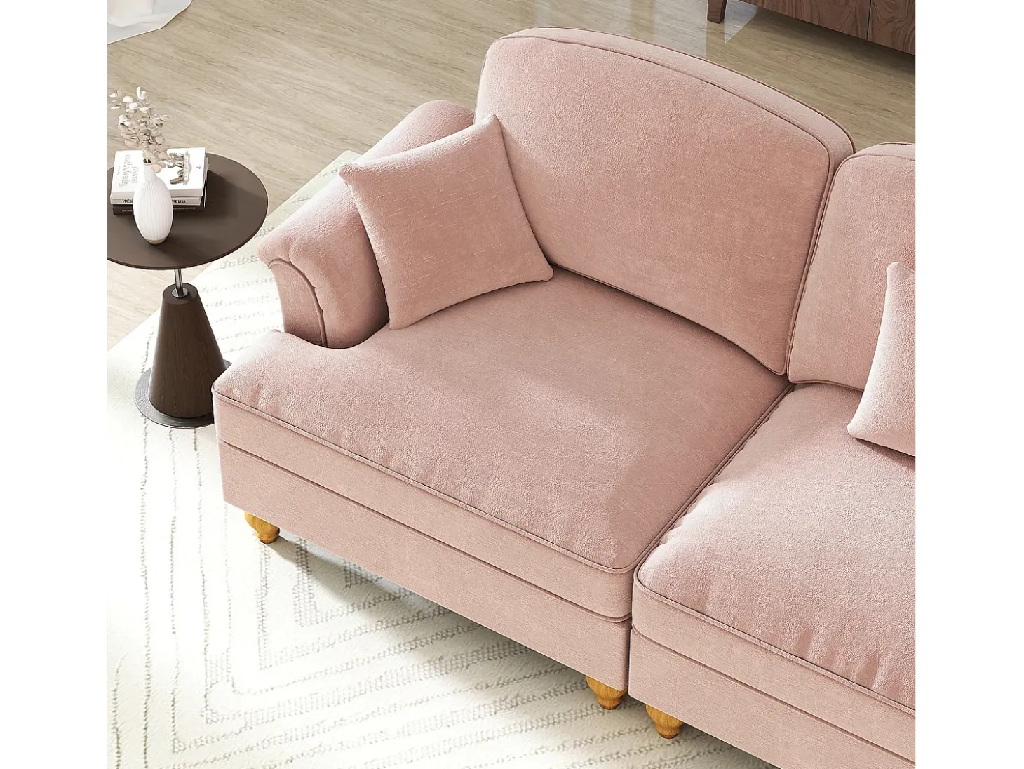 Sofá chesterfield 2 plazas en felpa rosa - con 2 otomanas y 2 cojines - falda desmontable - 194x140x93cm