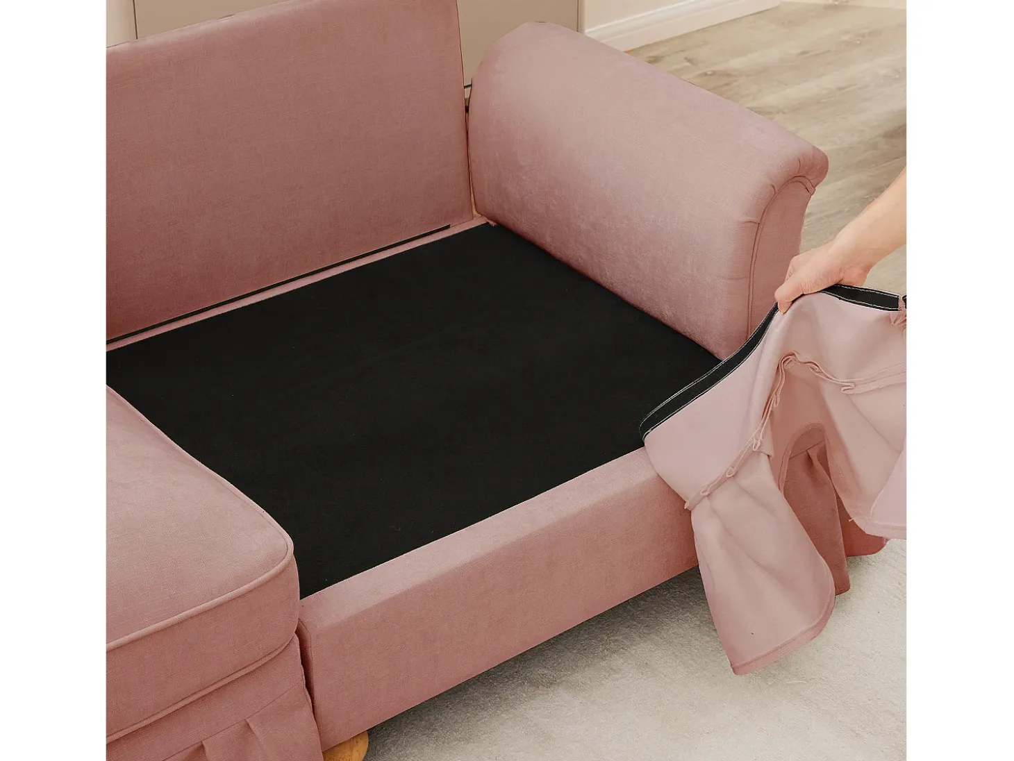 Sofá chesterfield 2 plazas en felpa rosa - con 2 otomanas y 2 cojines - falda desmontable - 194x140x93cm