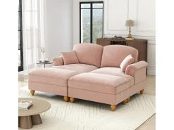 Sofá chesterfield 2 plazas en felpa rosa - con 2 otomanas y 2 cojines - falda desmontable - 194x140x93cm