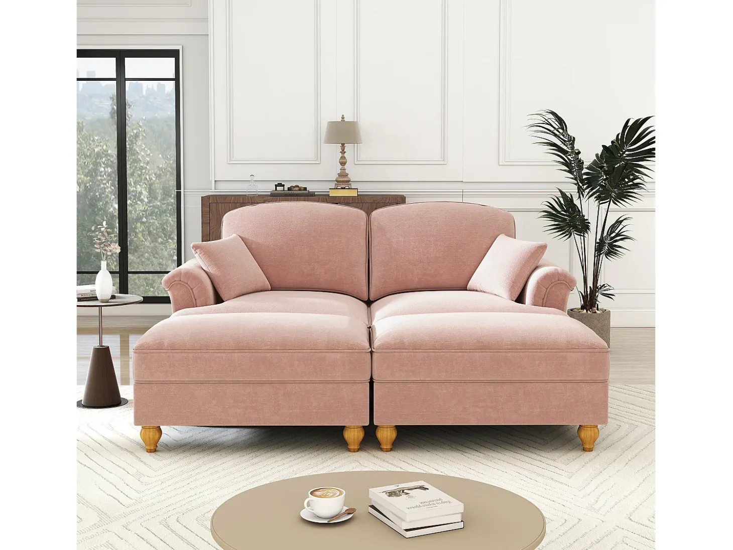 Sofá chesterfield 2 plazas en felpa rosa - con 2 otomanas y 2 cojines - falda desmontable - 194x140x93cm