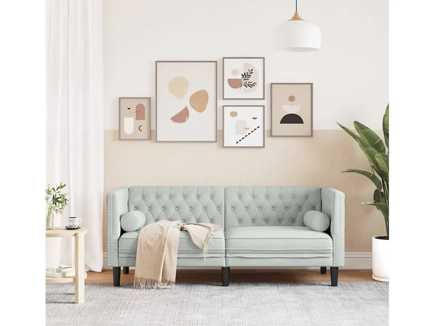 Sofá Chesterfield 2 plazas con cojines terciopelo gris claro