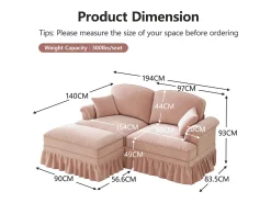 Sofá chesterfield 2 plazas en felpa rosa - con otomana y 2 cojines - falda desmontable - 194x140x93cm
