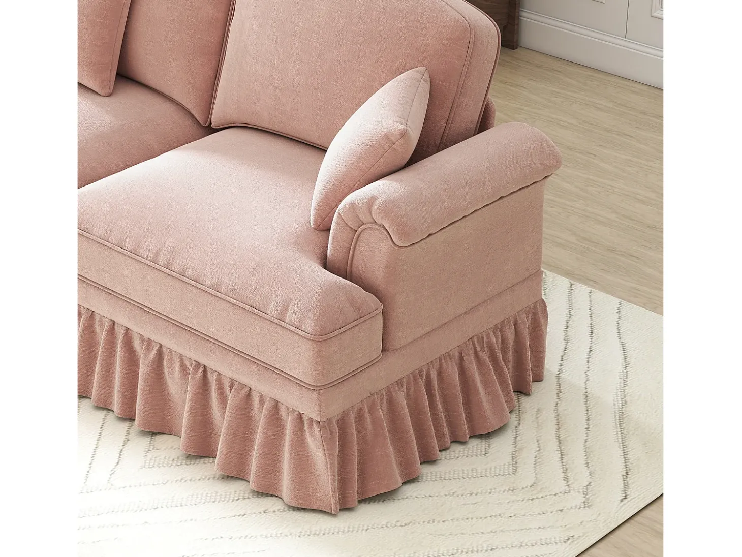 Sofá chesterfield 2 plazas en felpa rosa - con otomana y 2 cojines - falda desmontable - 194x140x93cm