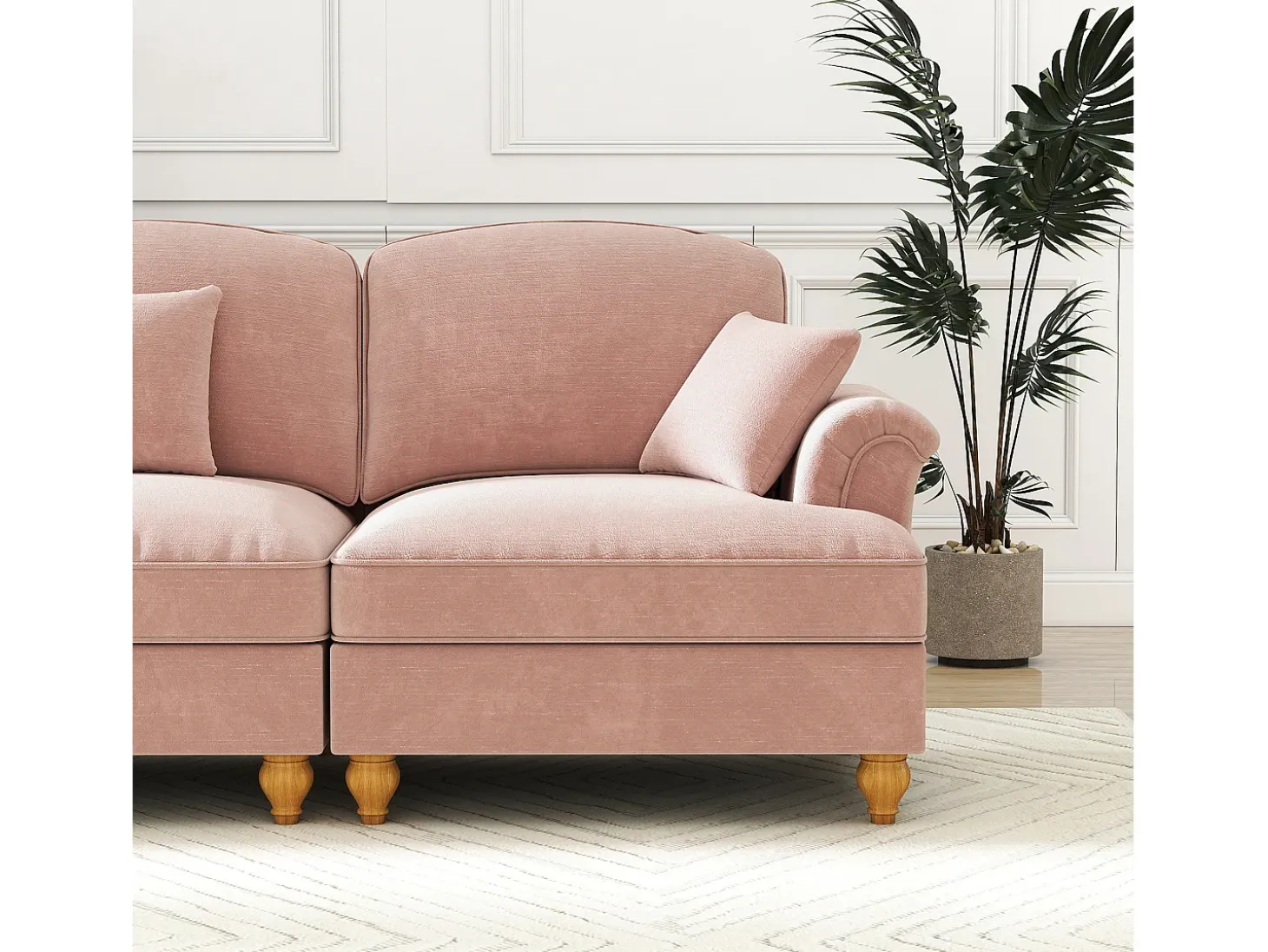 Sofá chesterfield 2 plazas en felpa rosa - con otomana y 2 cojines - falda desmontable - 194x140x93cm