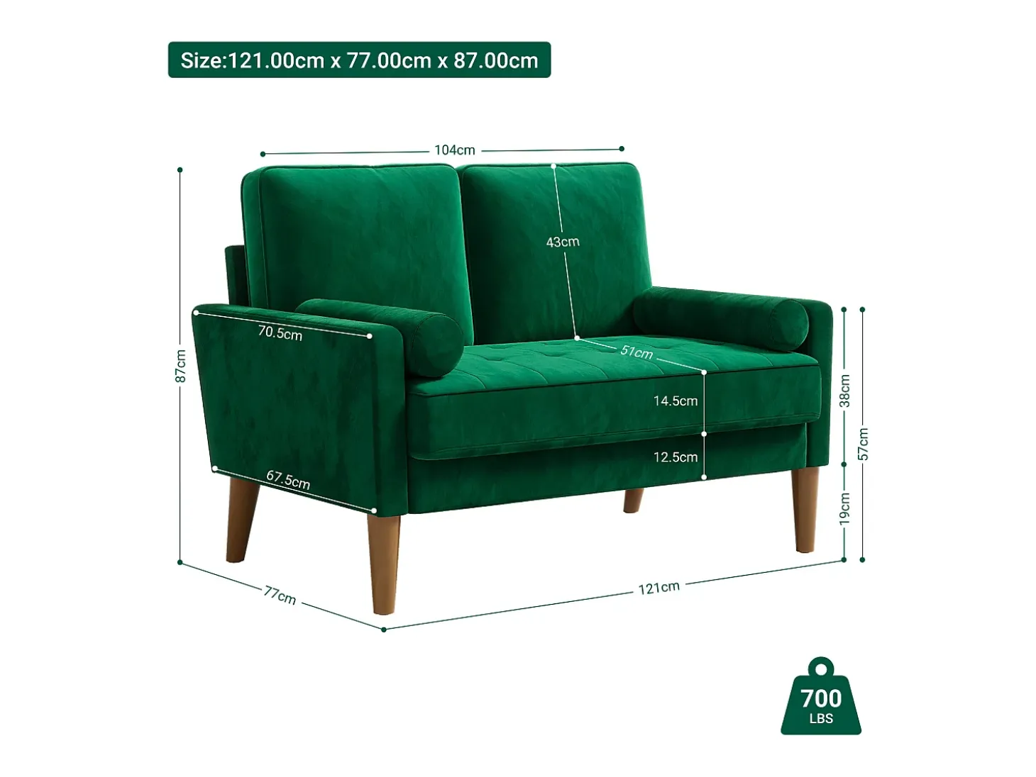 Sofá con 2 escandinavos 2 asientos, mini sofá de brazo enrollado en terciopelo de loveseat, sillón de sala de estar con reposabrazos, 121x77x87cm - verde