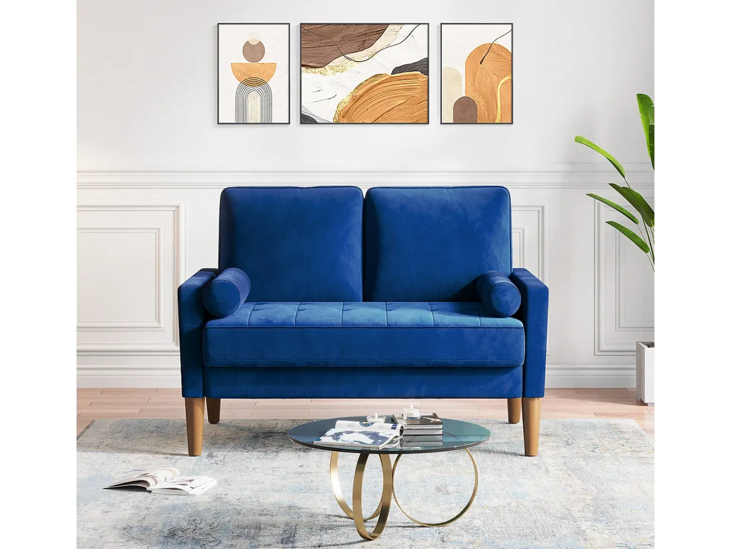 Sofá con 2 escandinavos 2 asientos, mini sofá de sillón en terciopelo de loveseat, sillón de sala de estar con reposabrazos, 121x77x87cm - azul