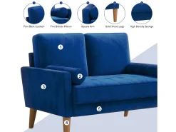 Sofá con 2 escandinavos 2 asientos, mini sofá de sillón en terciopelo de loveseat, sillón de sala de estar con reposabrazos, 121x77x87cm - azul