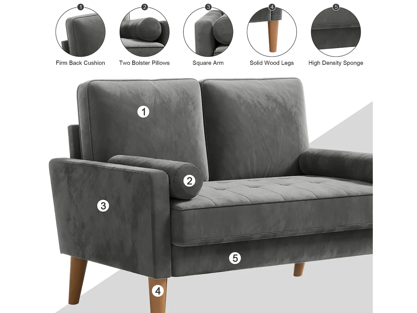 Sofá con 2 escandinavos 2 plazas, mini sofá de brazo enrollado en terciopelo de loveseat, sillón de sala de estar con reposabrazos, 121x77x87cm - gris