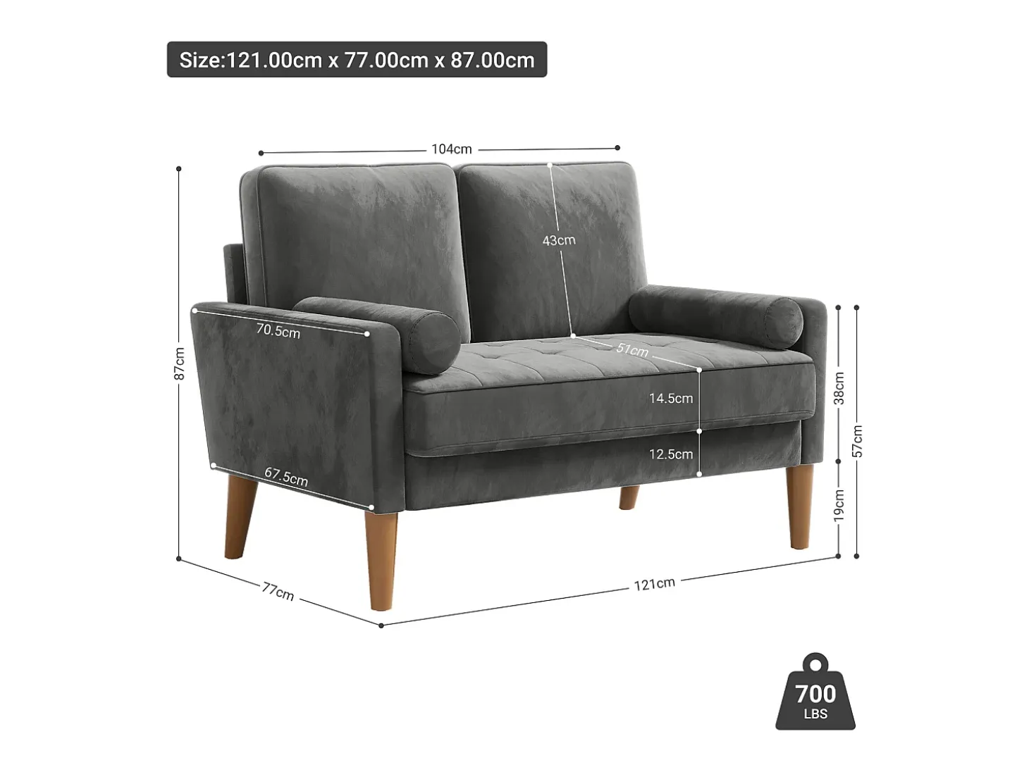 Sofá con 2 escandinavos 2 plazas, mini sofá de brazo enrollado en terciopelo de loveseat, sillón de sala de estar con reposabrazos, 121x77x87cm - gris